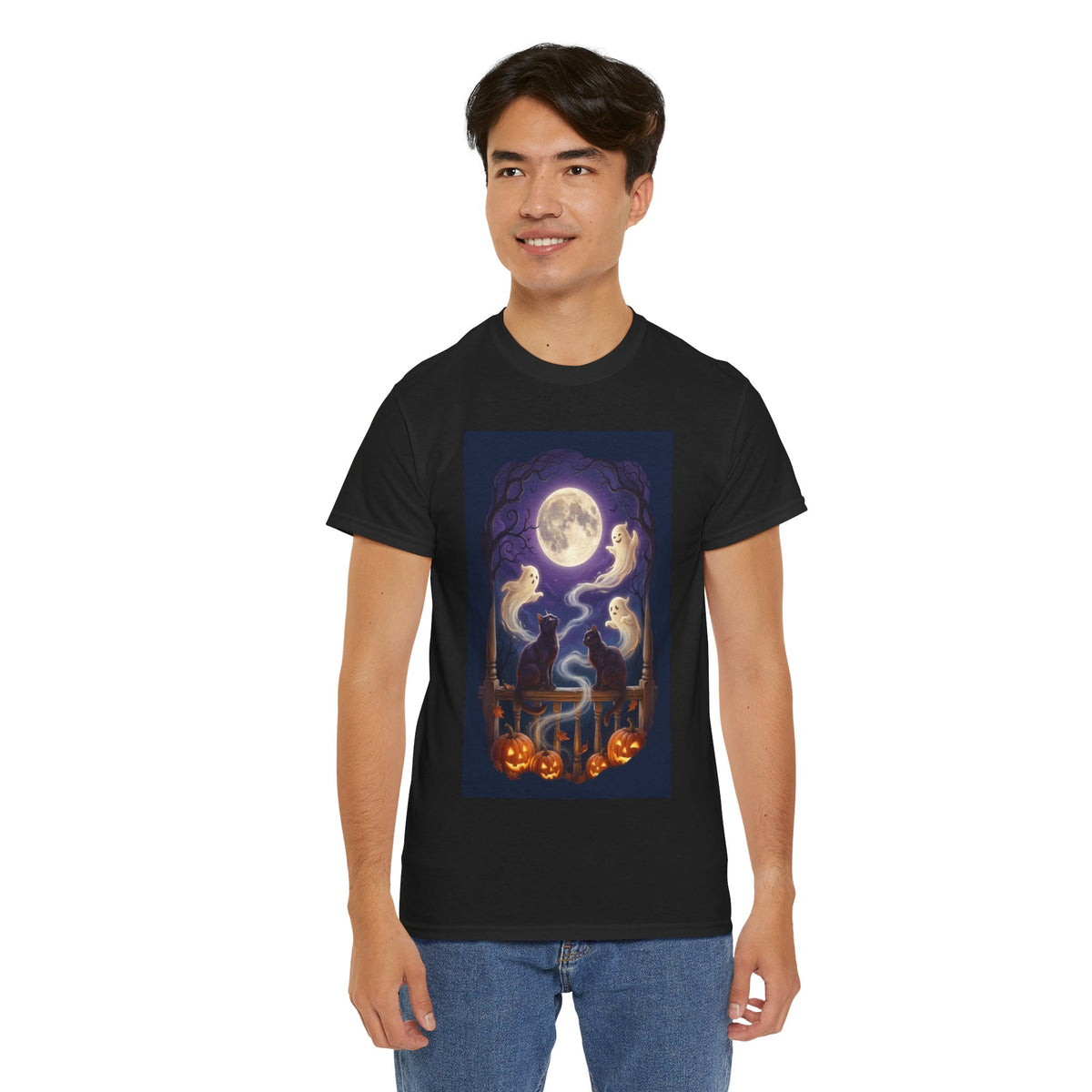 Ghost & Black Cat Halloween T-Shirt | Moonlight Magic