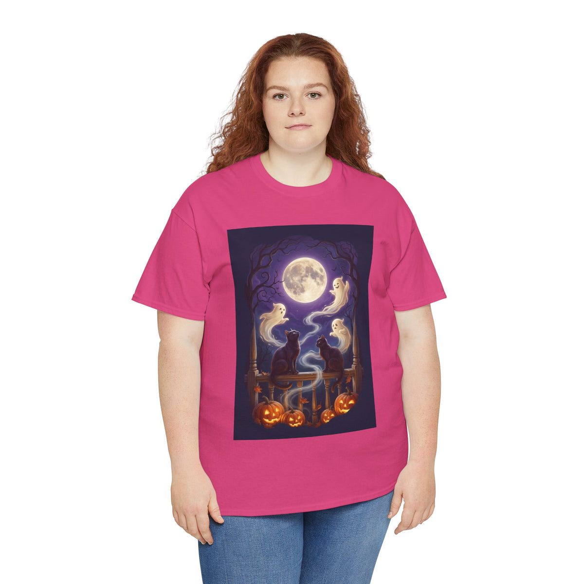 Ghost & Black Cat Halloween T-Shirt | Moonlight Magic