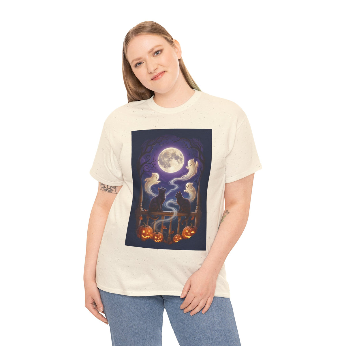 Ghost & Black Cat Halloween T-Shirt | Moonlight Magic