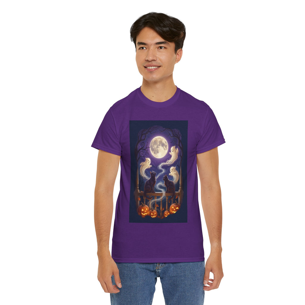 Ghost & Black Cat Halloween T-Shirt | Moonlight Magic