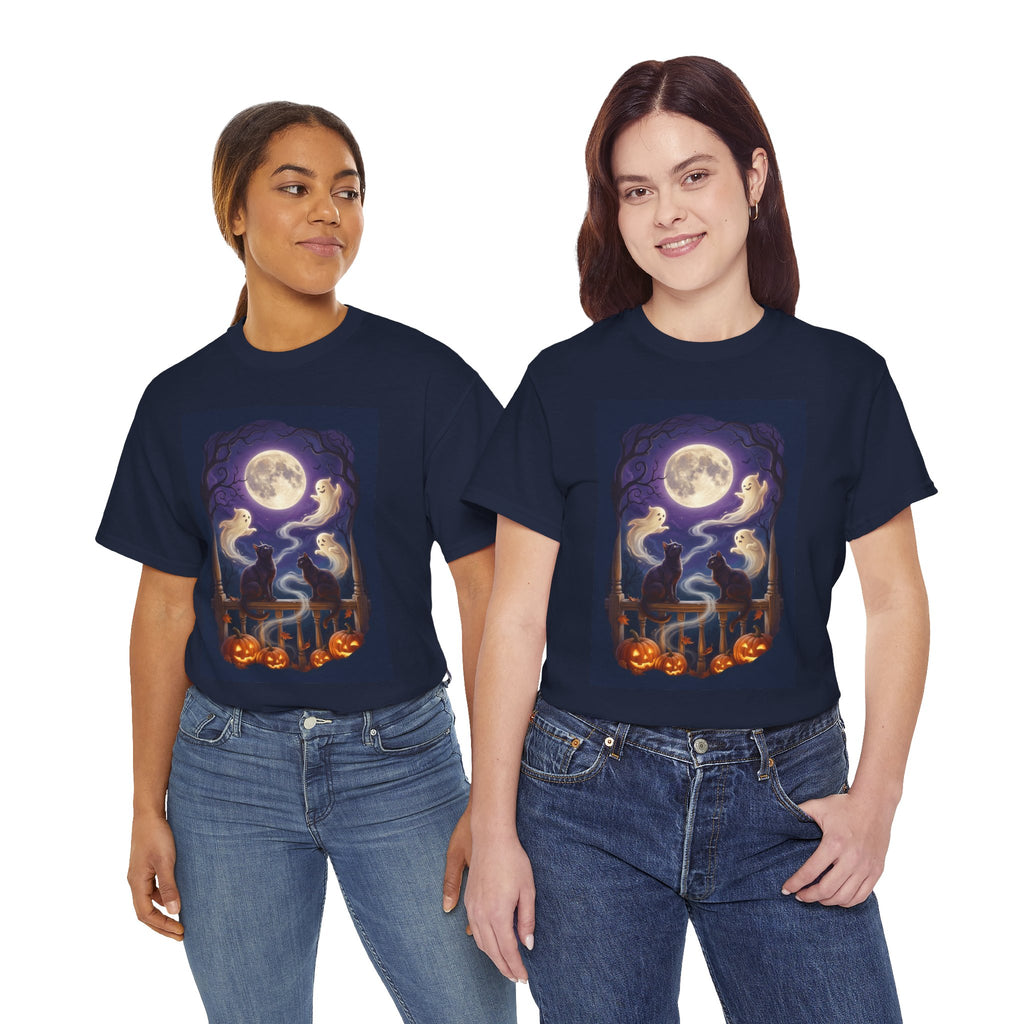 Ghost & Black Cat Halloween T-Shirt | Moonlight Magic