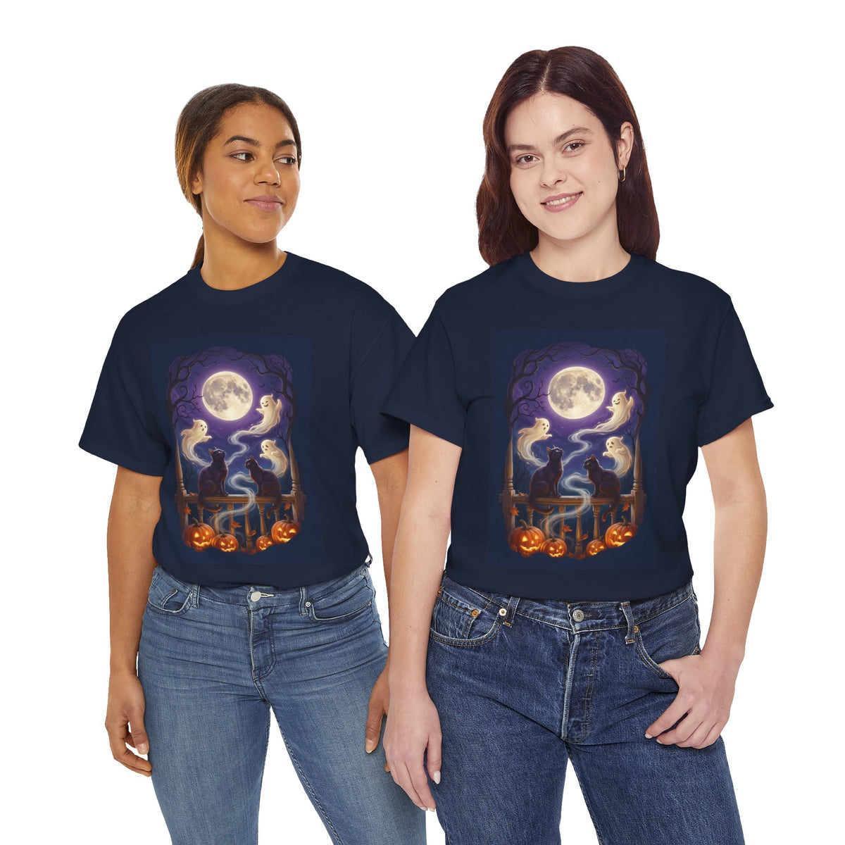 Ghost & Black Cat Halloween T-Shirt | Moonlight Magic