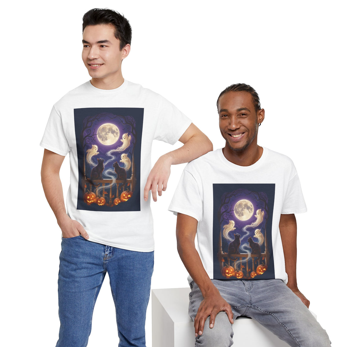 Ghost & Black Cat Halloween T-Shirt | Moonlight Magic