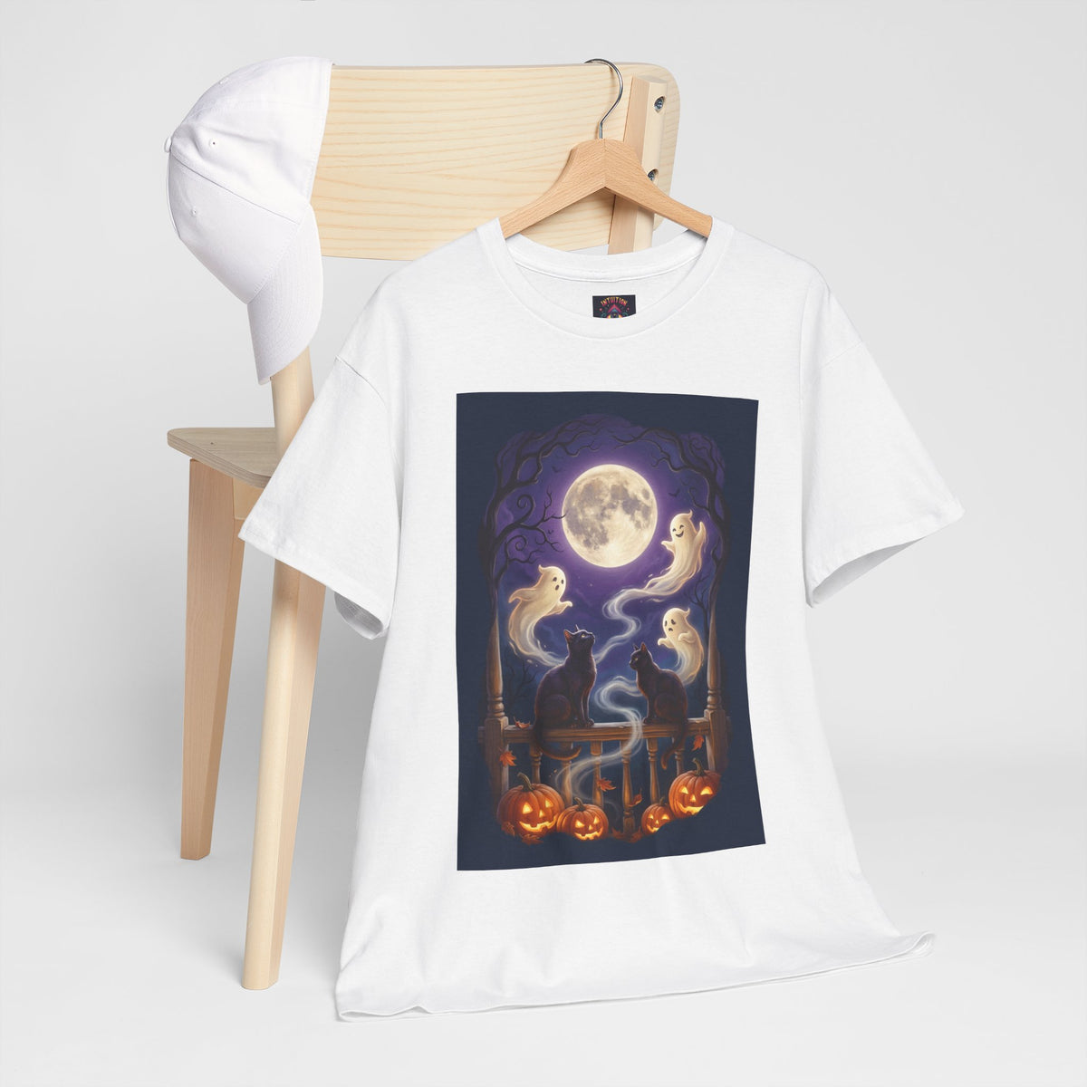 Ghost & Black Cat Halloween T-Shirt | Moonlight Magic