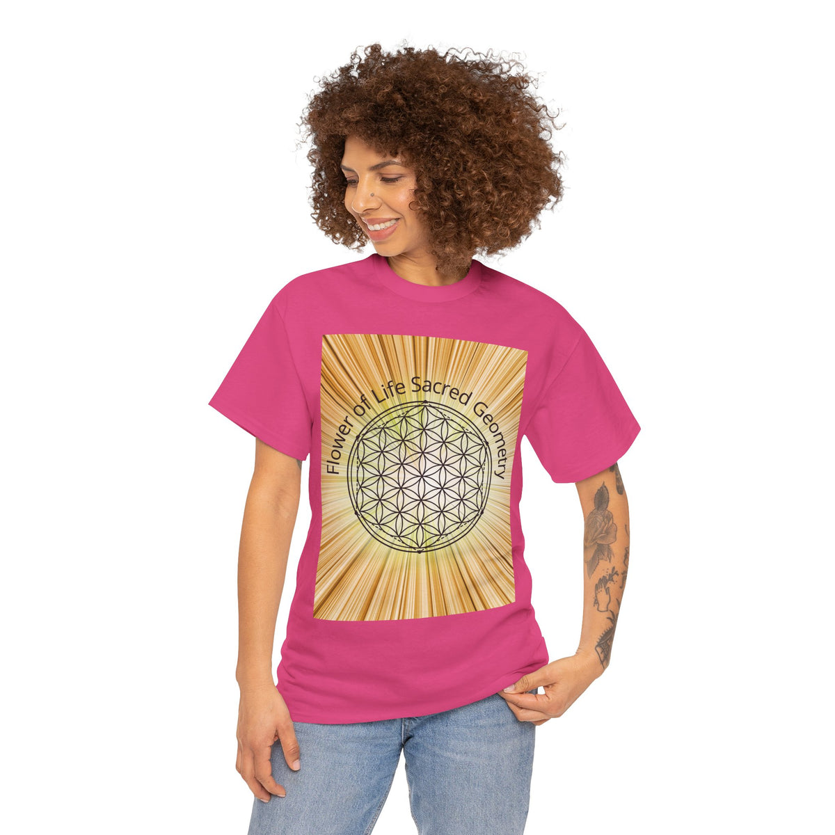 Flower of Life Sacred Geometry Tee – Golden Front Print | Intuition Within