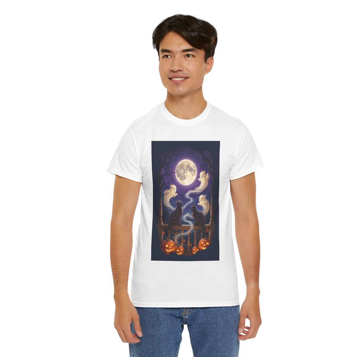 Ghost & Black Cat Halloween T-Shirt | Moonlight Magic