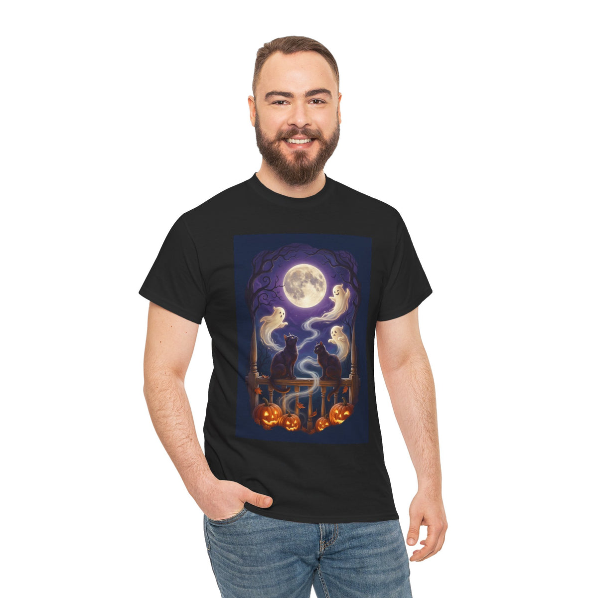 Ghost & Black Cat Halloween T-Shirt | Moonlight Magic