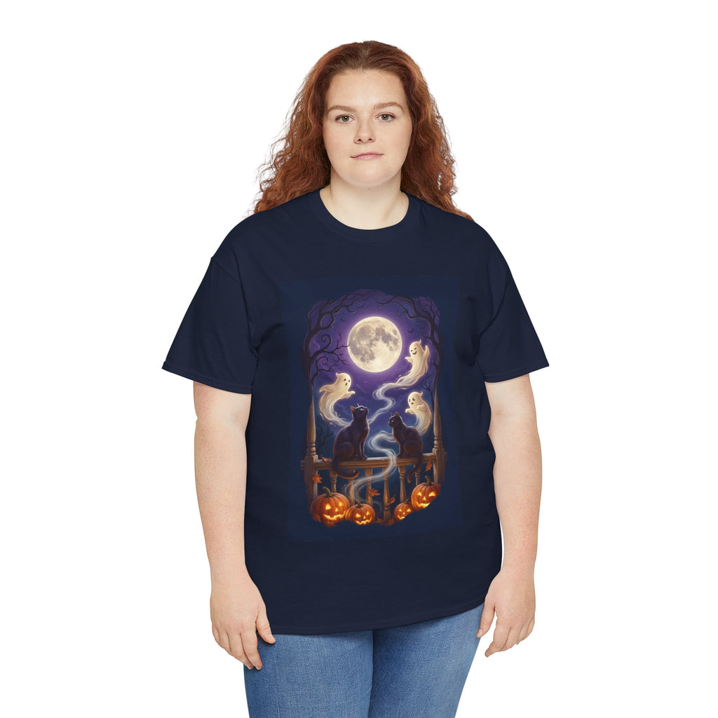 Ghost & Black Cat Halloween T-Shirt | Moonlight Magic