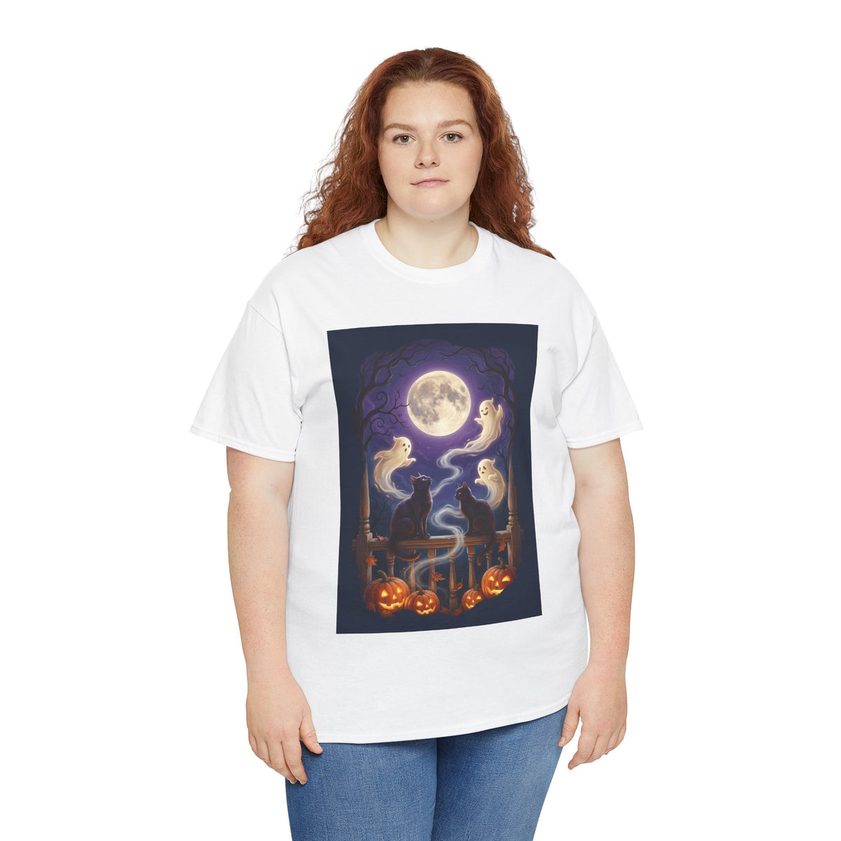 Ghost & Black Cat Halloween T-Shirt | Moonlight Magic
