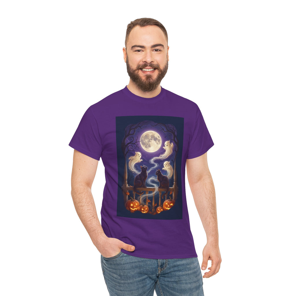 Ghost & Black Cat Halloween T-Shirt | Moonlight Magic