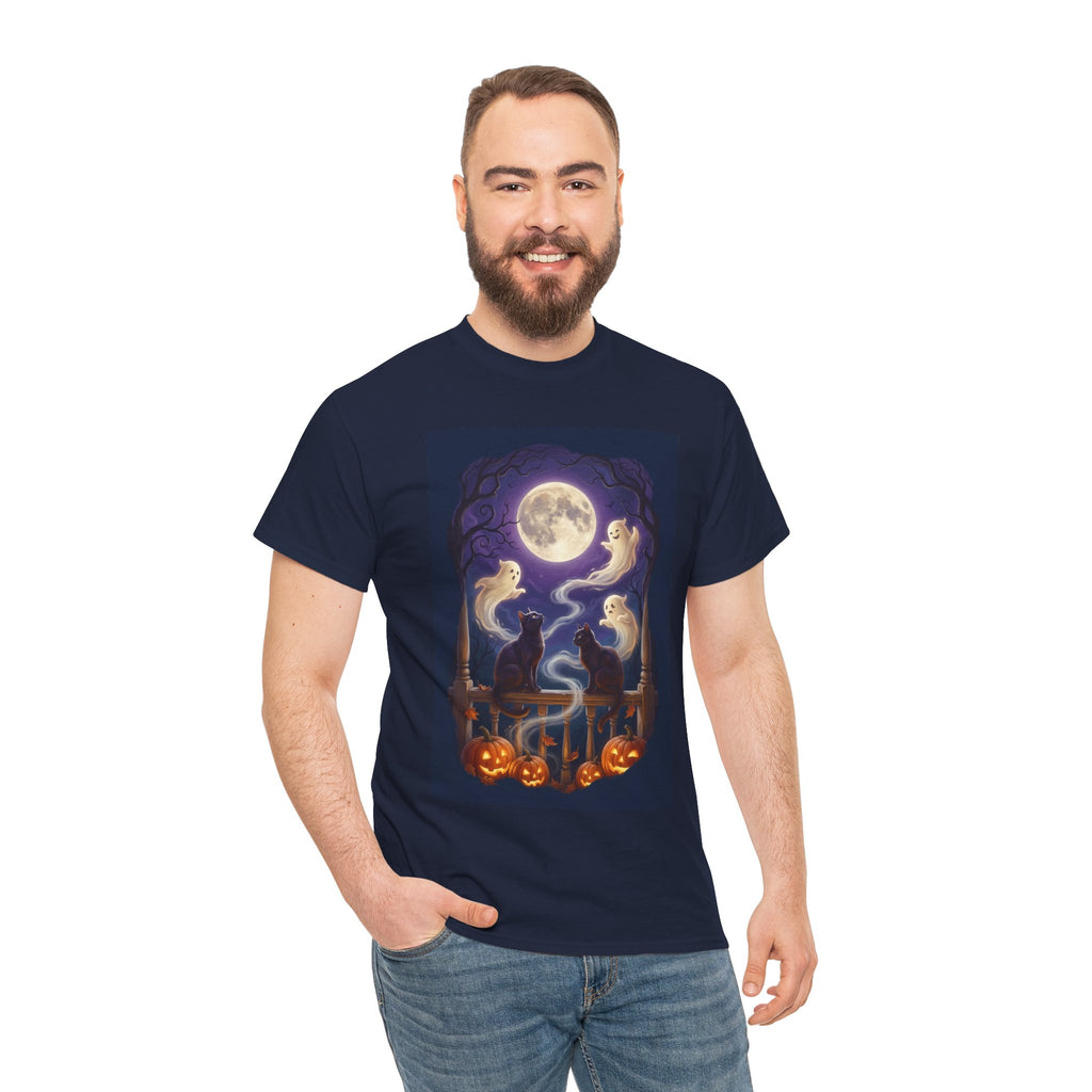 Ghost & Black Cat Halloween T-Shirt | Moonlight Magic