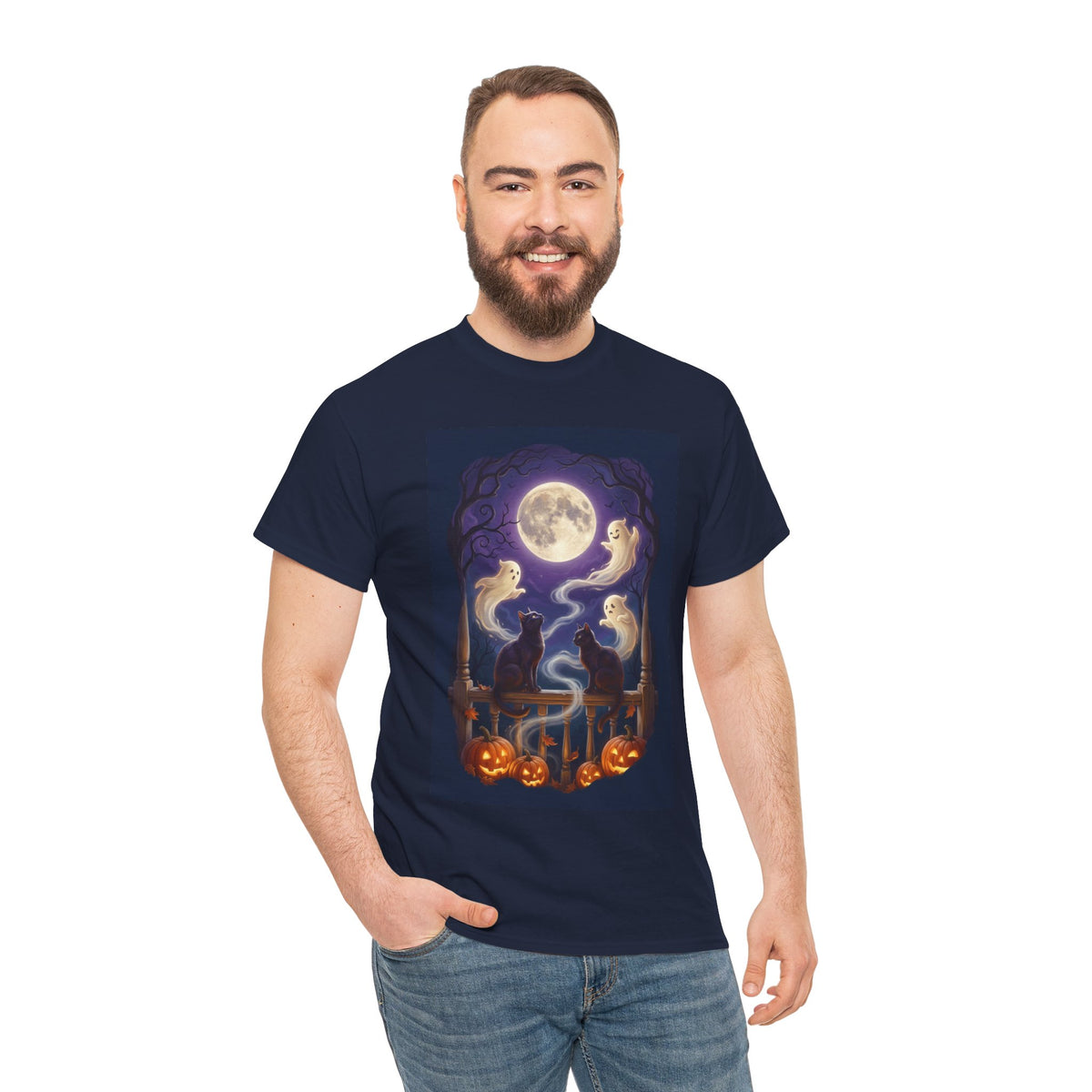 Ghost & Black Cat Halloween T-Shirt | Moonlight Magic