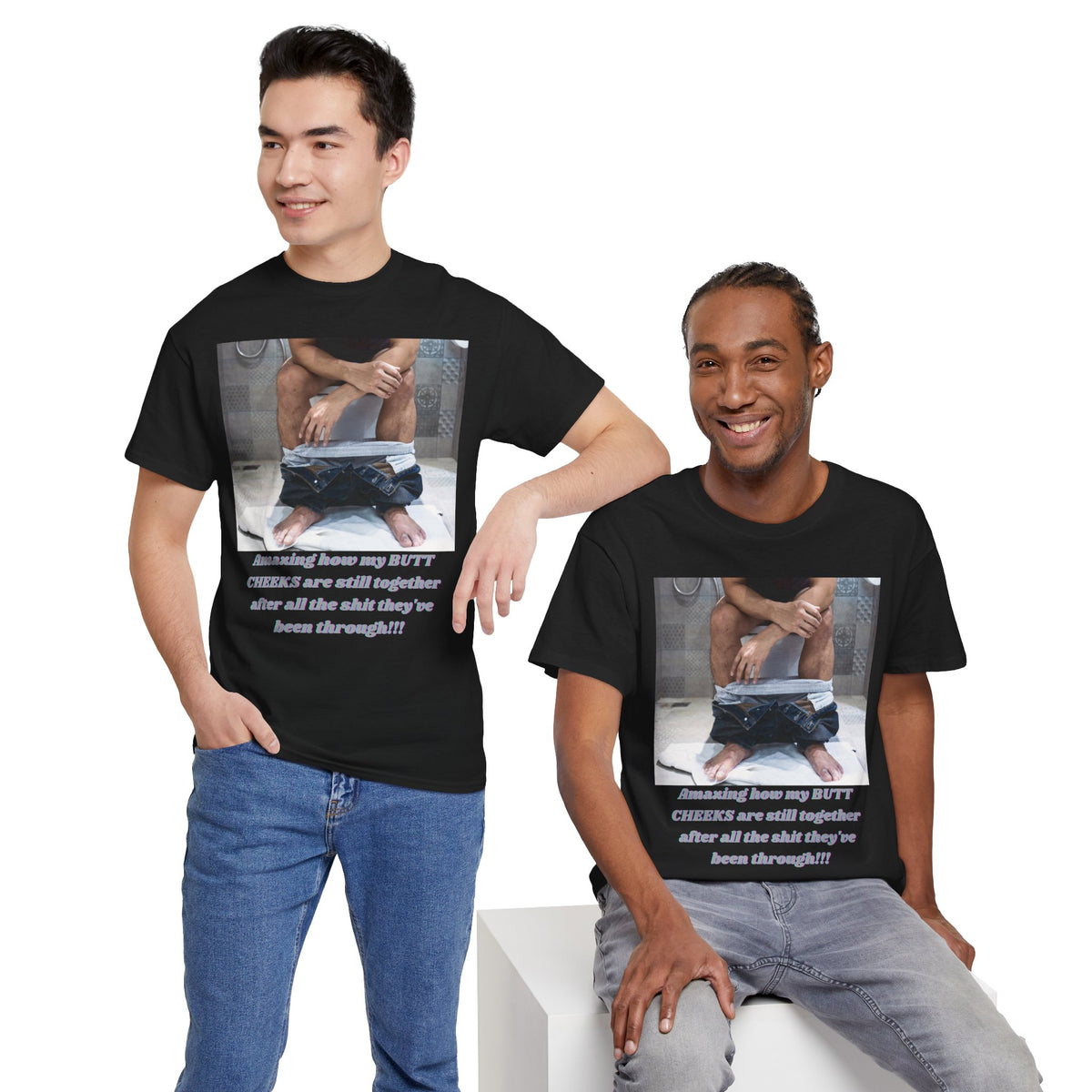 Still Together Bathroom Humor Tee – Male Design, Front Print | Intuition Within