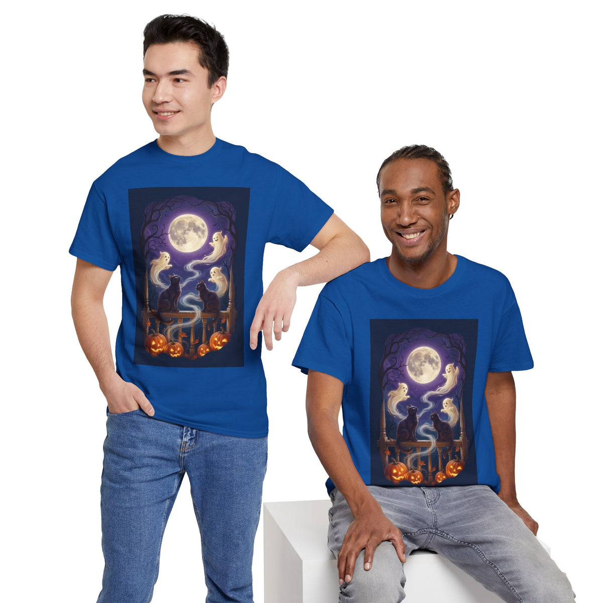 Ghost & Black Cat Halloween T-Shirt | Moonlight Magic