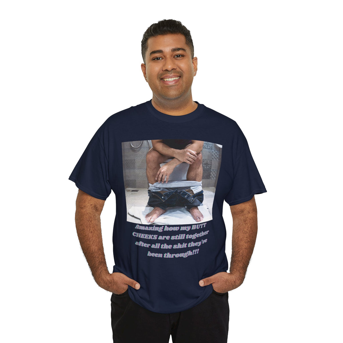 Still Together Bathroom Humor Tee – Male Design, Front Print | Intuition Within