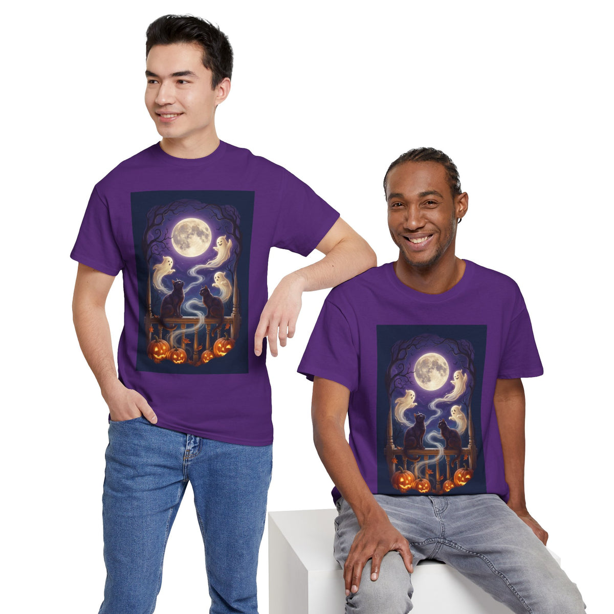 Ghost & Black Cat Halloween T-Shirt | Moonlight Magic