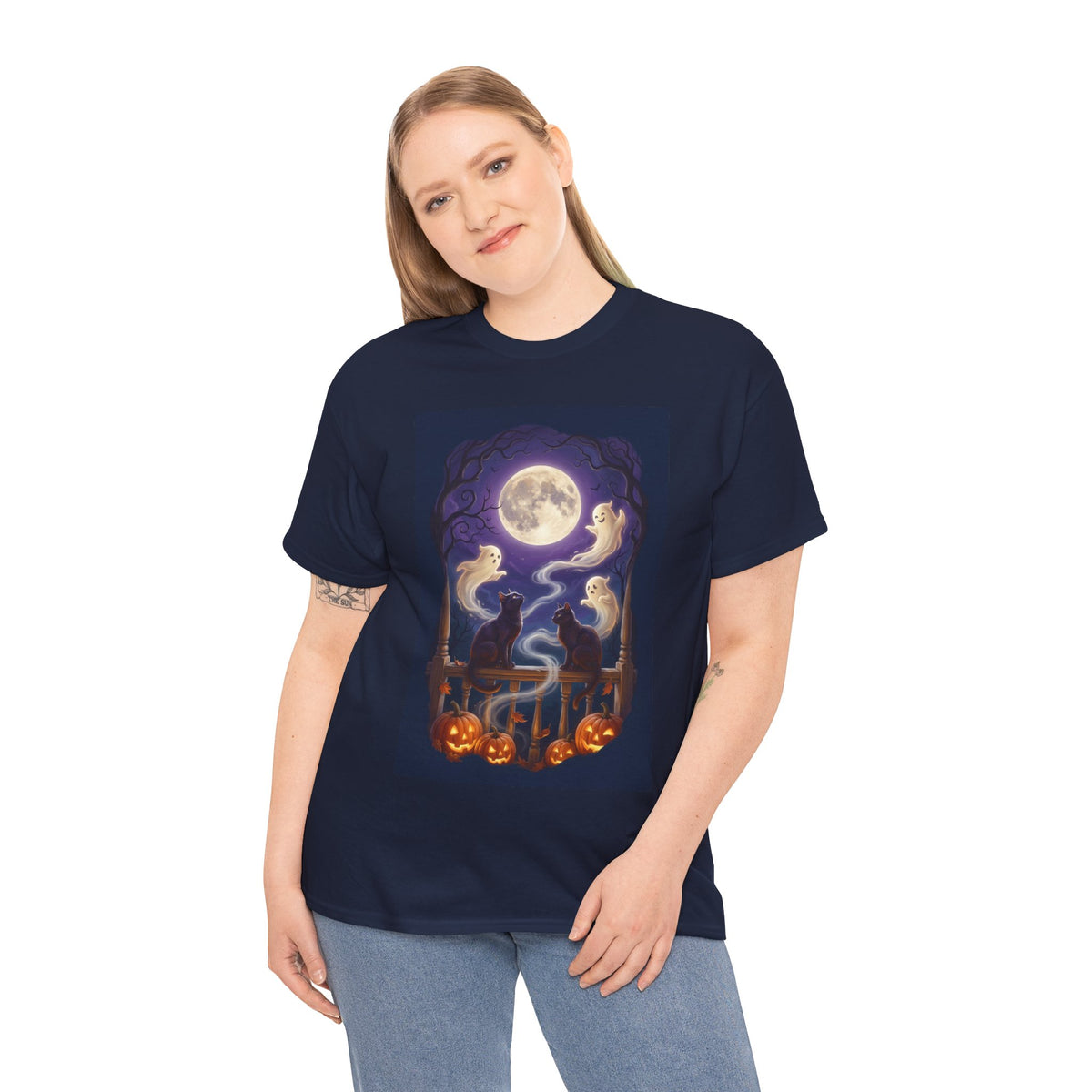 Ghost & Black Cat Halloween T-Shirt | Moonlight Magic