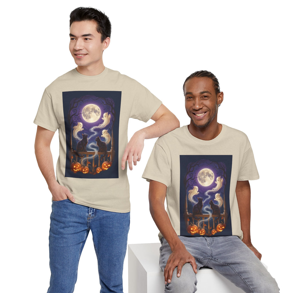 Ghost & Black Cat Halloween T-Shirt | Moonlight Magic