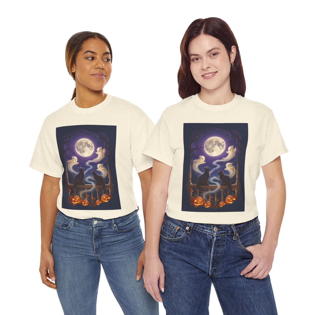 Ghost & Black Cat Halloween T-Shirt | Moonlight Magic