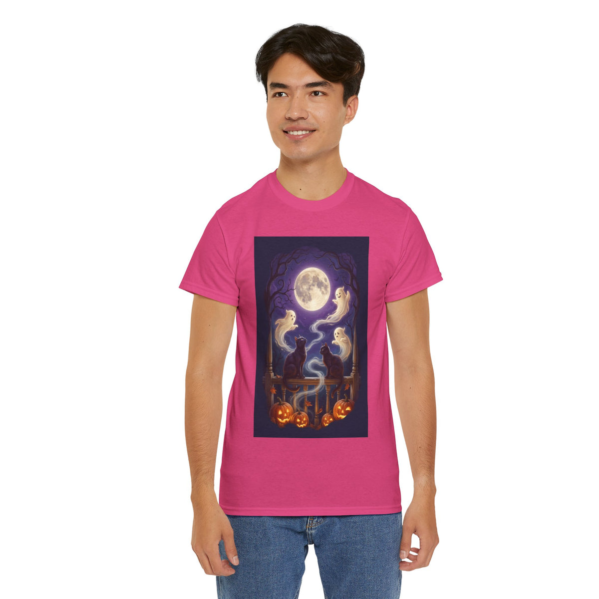 Ghost & Black Cat Halloween T-Shirt | Moonlight Magic