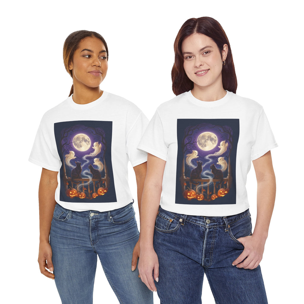 Ghost & Black Cat Halloween T-Shirt | Moonlight Magic
