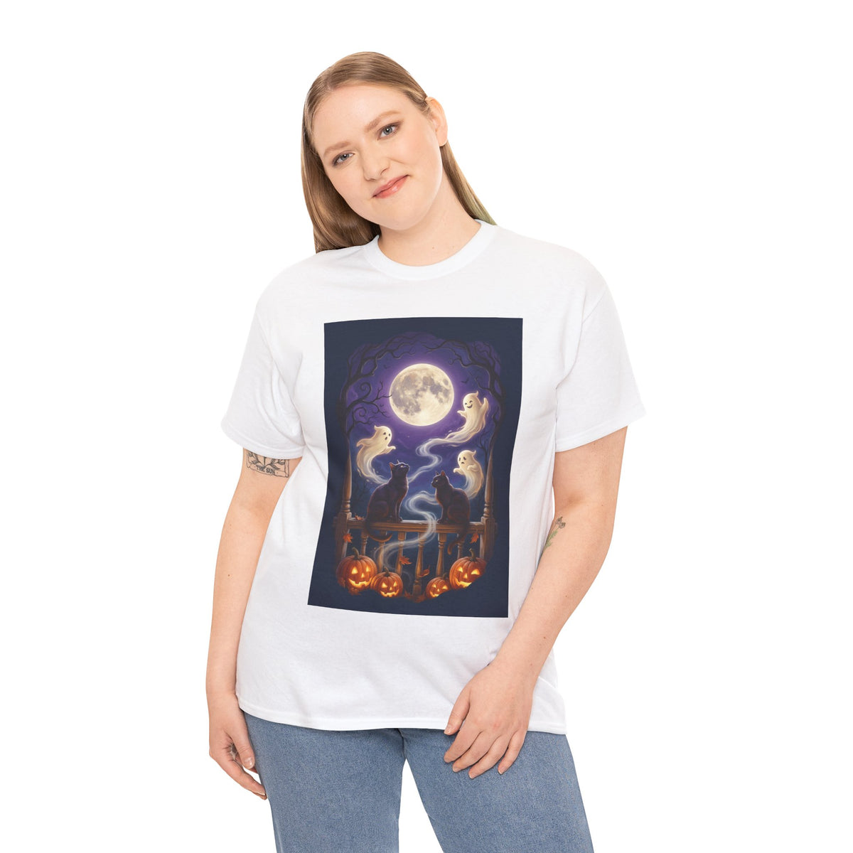 Ghost & Black Cat Halloween T-Shirt | Moonlight Magic