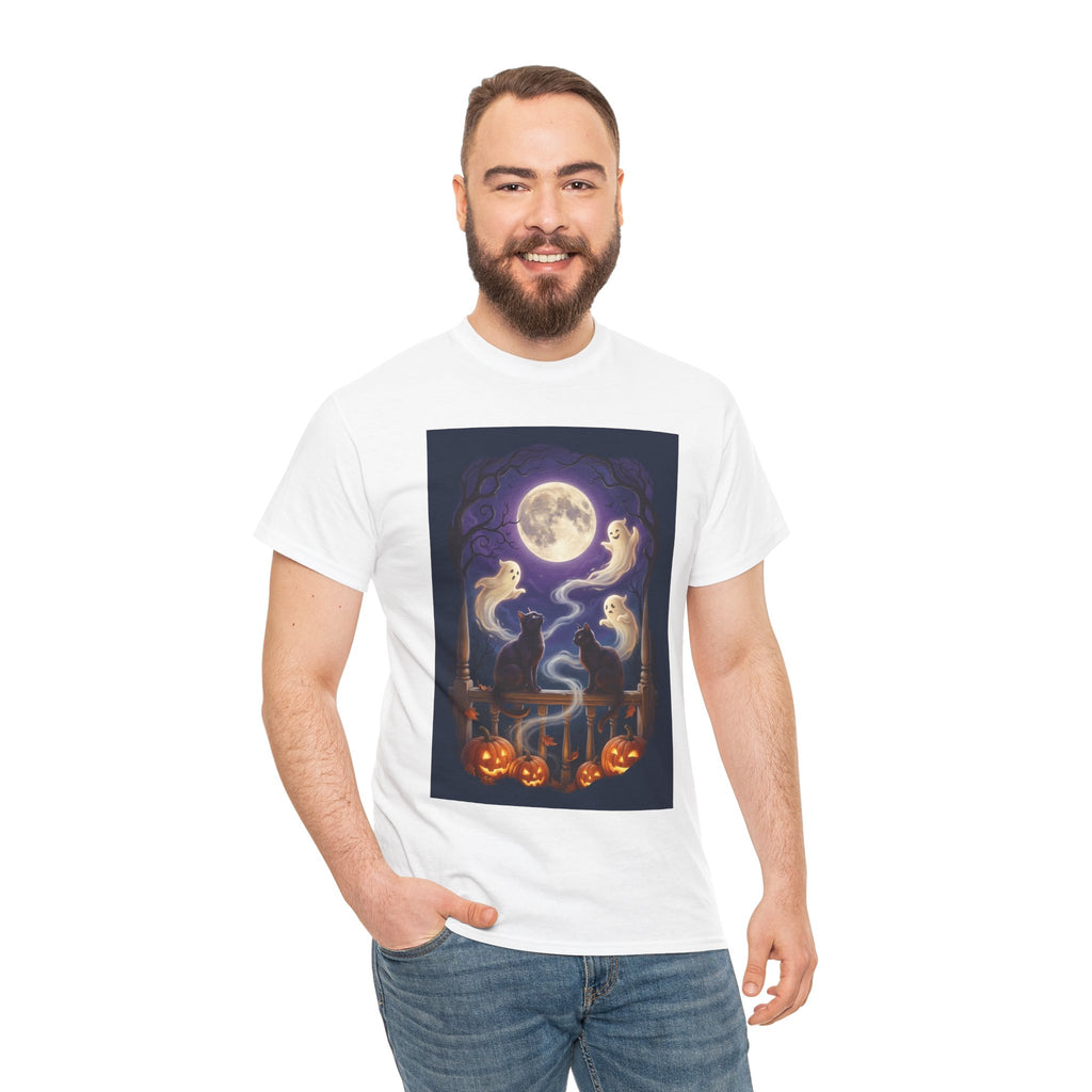 Ghost & Black Cat Halloween T-Shirt | Moonlight Magic
