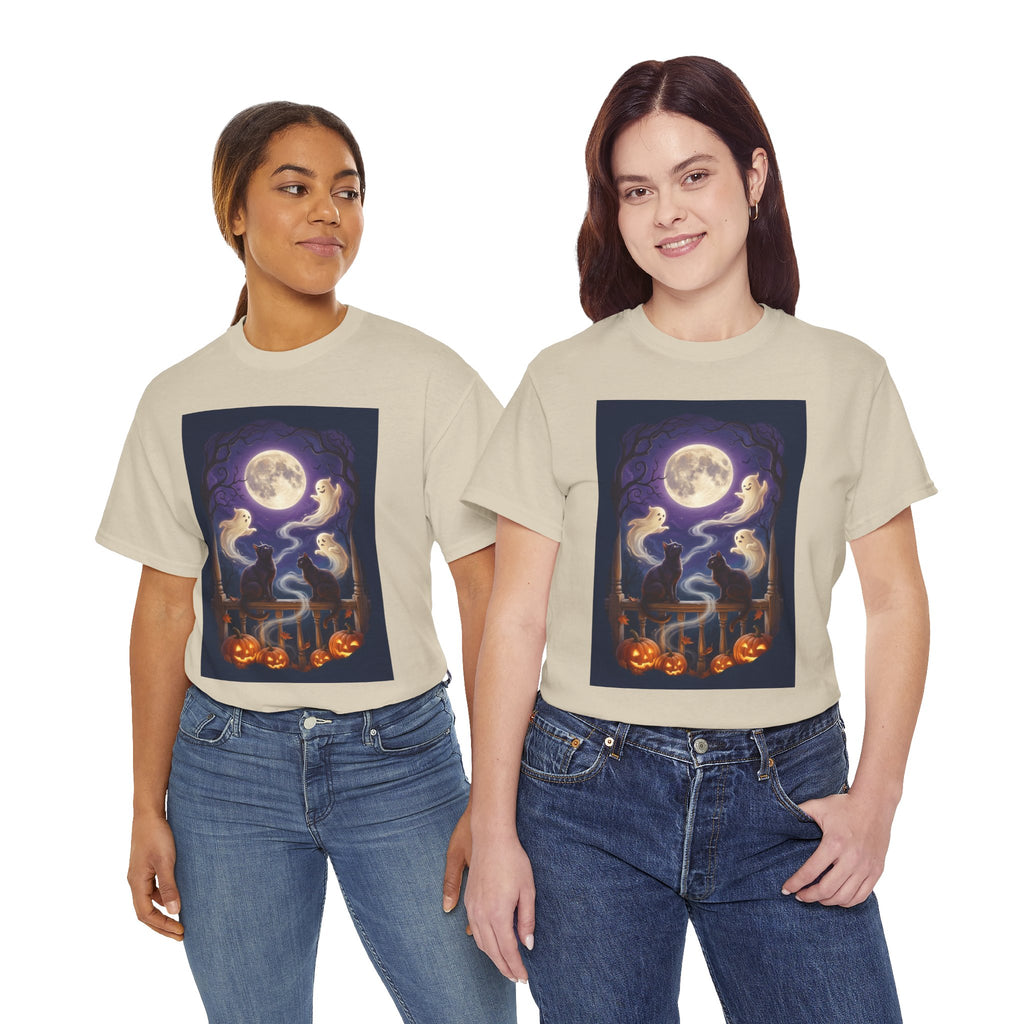 Ghost & Black Cat Halloween T-Shirt | Moonlight Magic