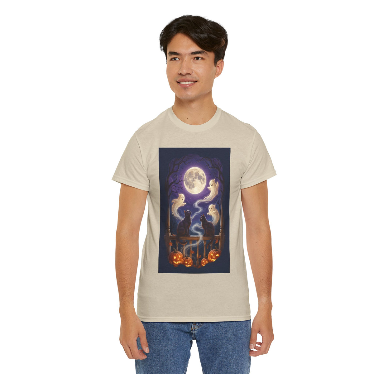 Ghost & Black Cat Halloween T-Shirt | Moonlight Magic