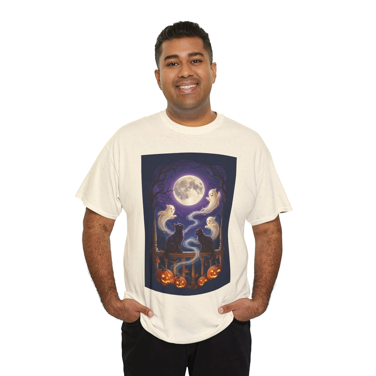 Ghost & Black Cat Halloween T-Shirt | Moonlight Magic