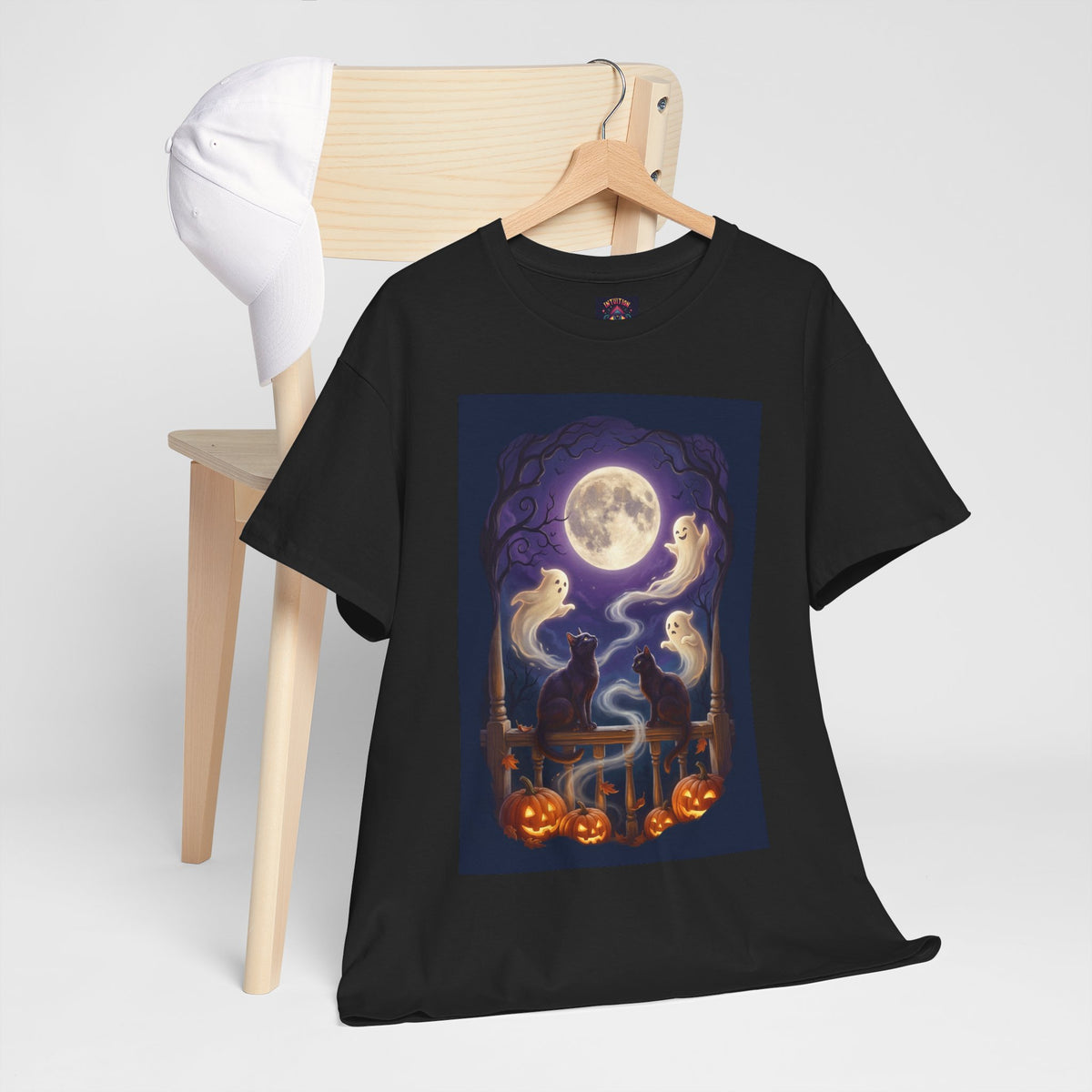 Ghost & Black Cat Halloween T-Shirt | Moonlight Magic