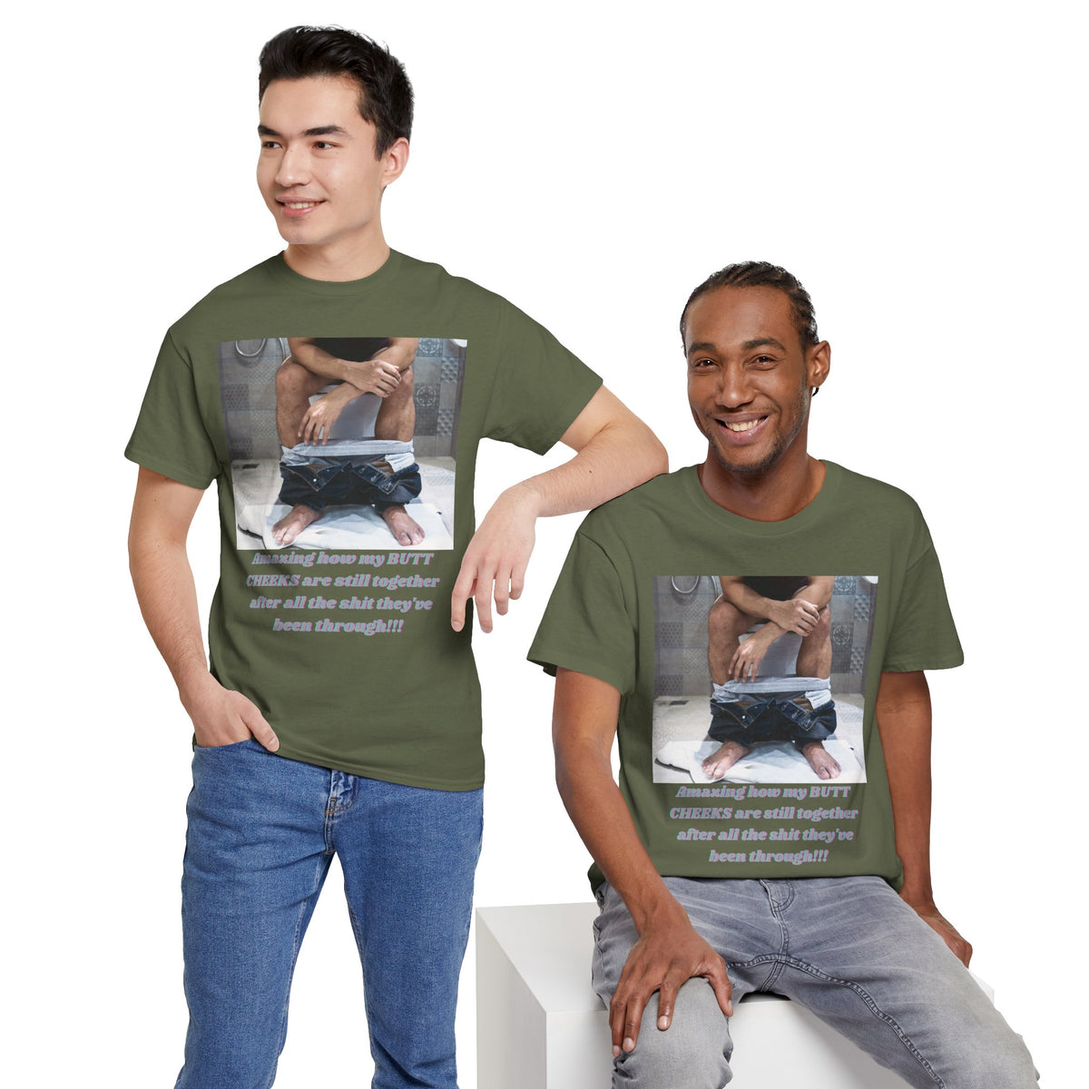 Still Together Bathroom Humor Tee – Male Design, Front Print | Intuition Within