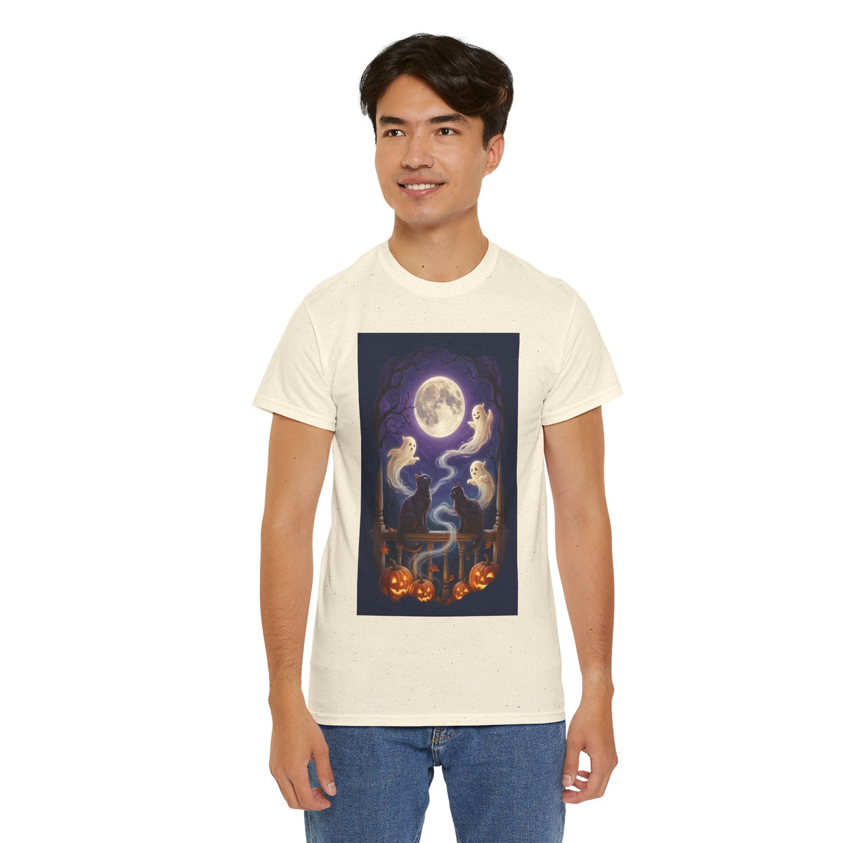 Ghost & Black Cat Halloween T-Shirt | Moonlight Magic