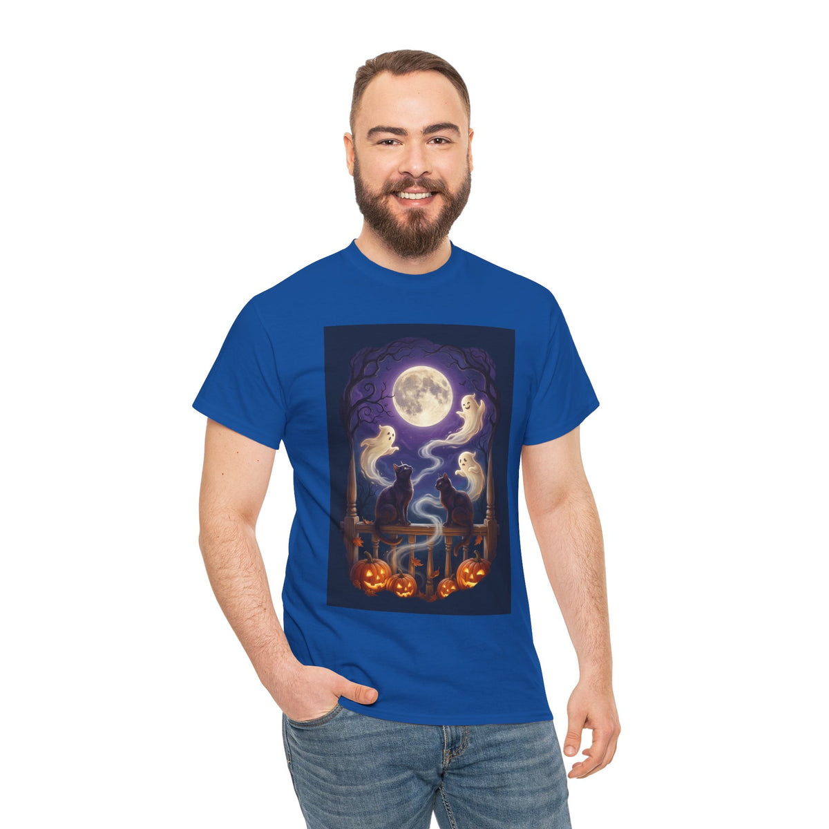 Ghost & Black Cat Halloween T-Shirt | Moonlight Magic