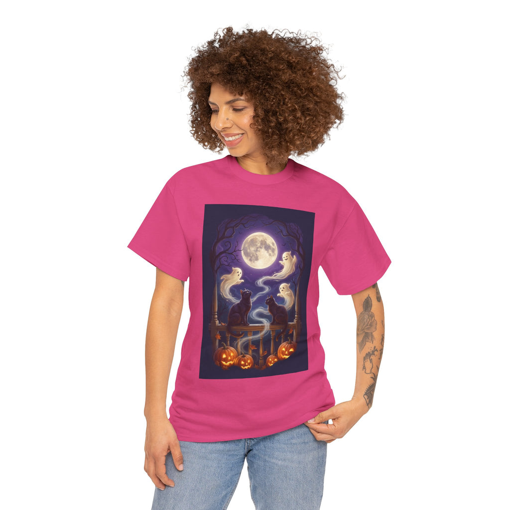 Ghost & Black Cat Halloween T-Shirt | Moonlight Magic