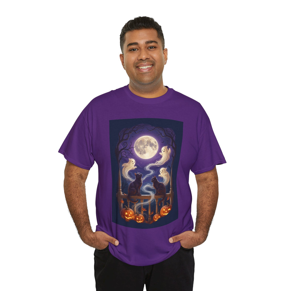 Ghost & Black Cat Halloween T-Shirt | Moonlight Magic