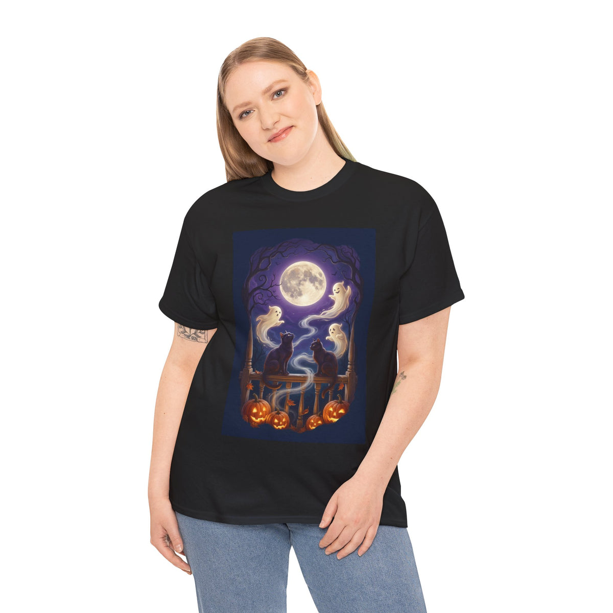 Ghost & Black Cat Halloween T-Shirt | Moonlight Magic