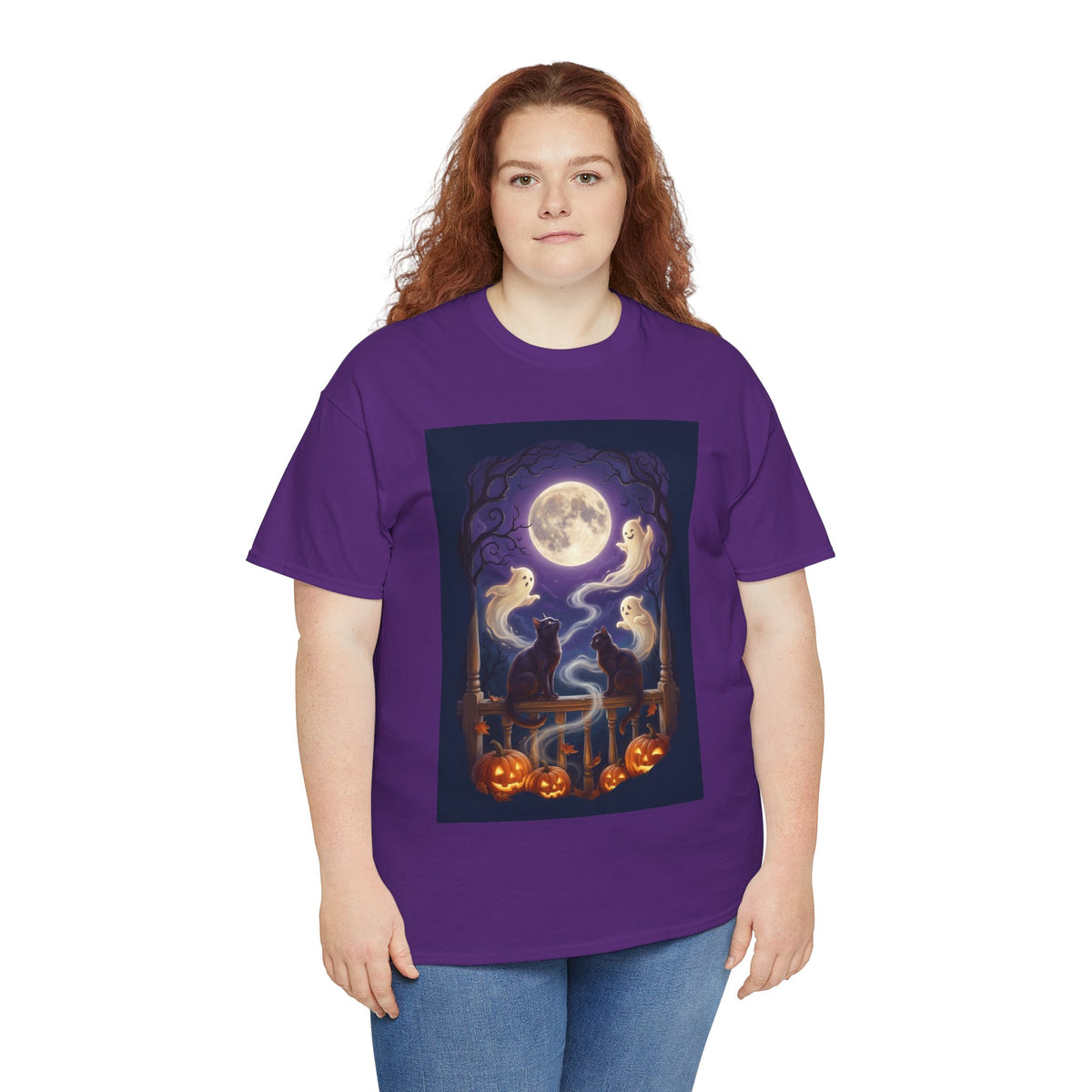 Ghost & Black Cat Halloween T-Shirt | Moonlight Magic
