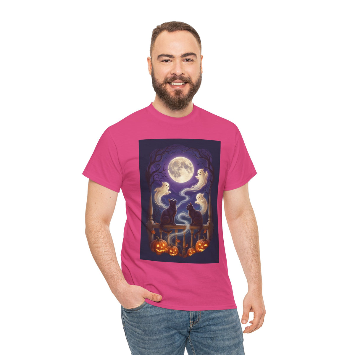 Ghost & Black Cat Halloween T-Shirt | Moonlight Magic