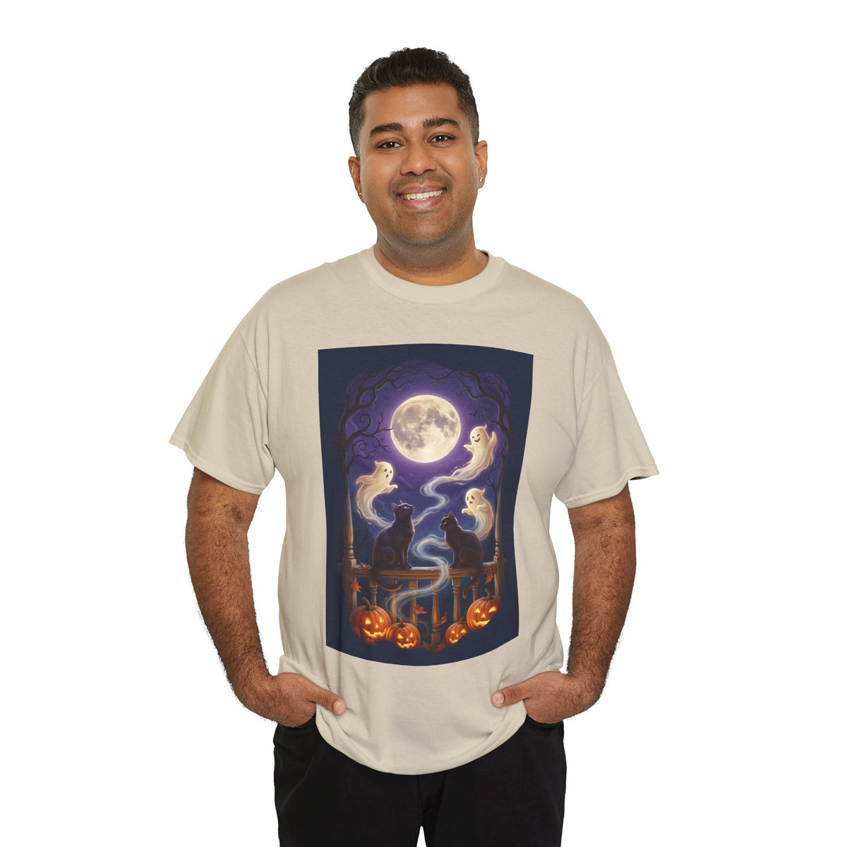 Ghost & Black Cat Halloween T-Shirt | Moonlight Magic