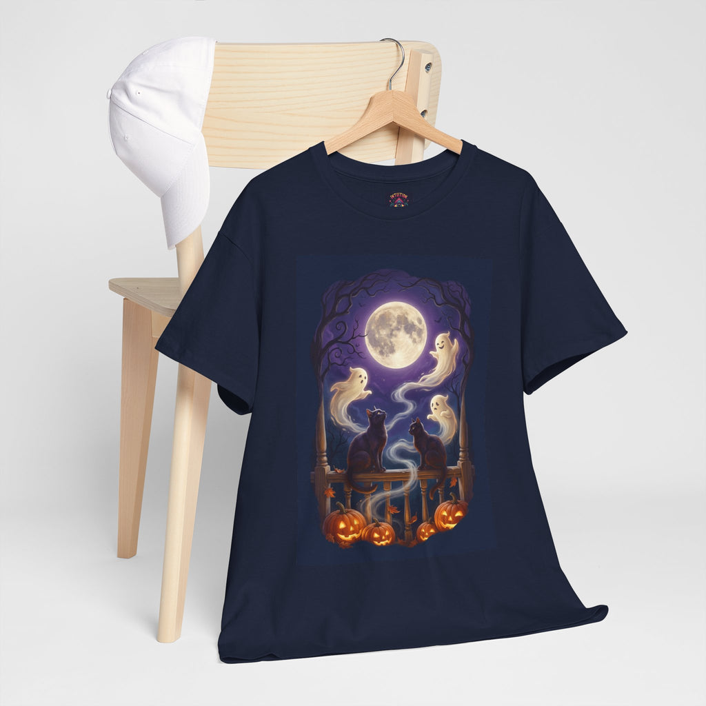 Ghost & Black Cat Halloween T-Shirt | Moonlight Magic
