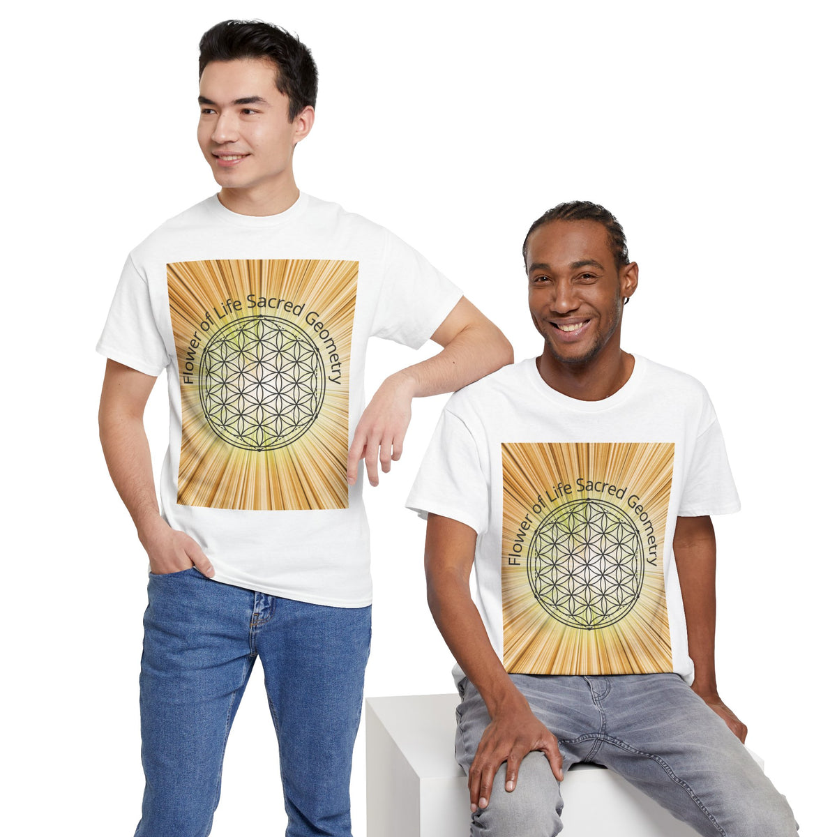 Flower of Life Sacred Geometry Tee – Golden Front Print | Intuition Within