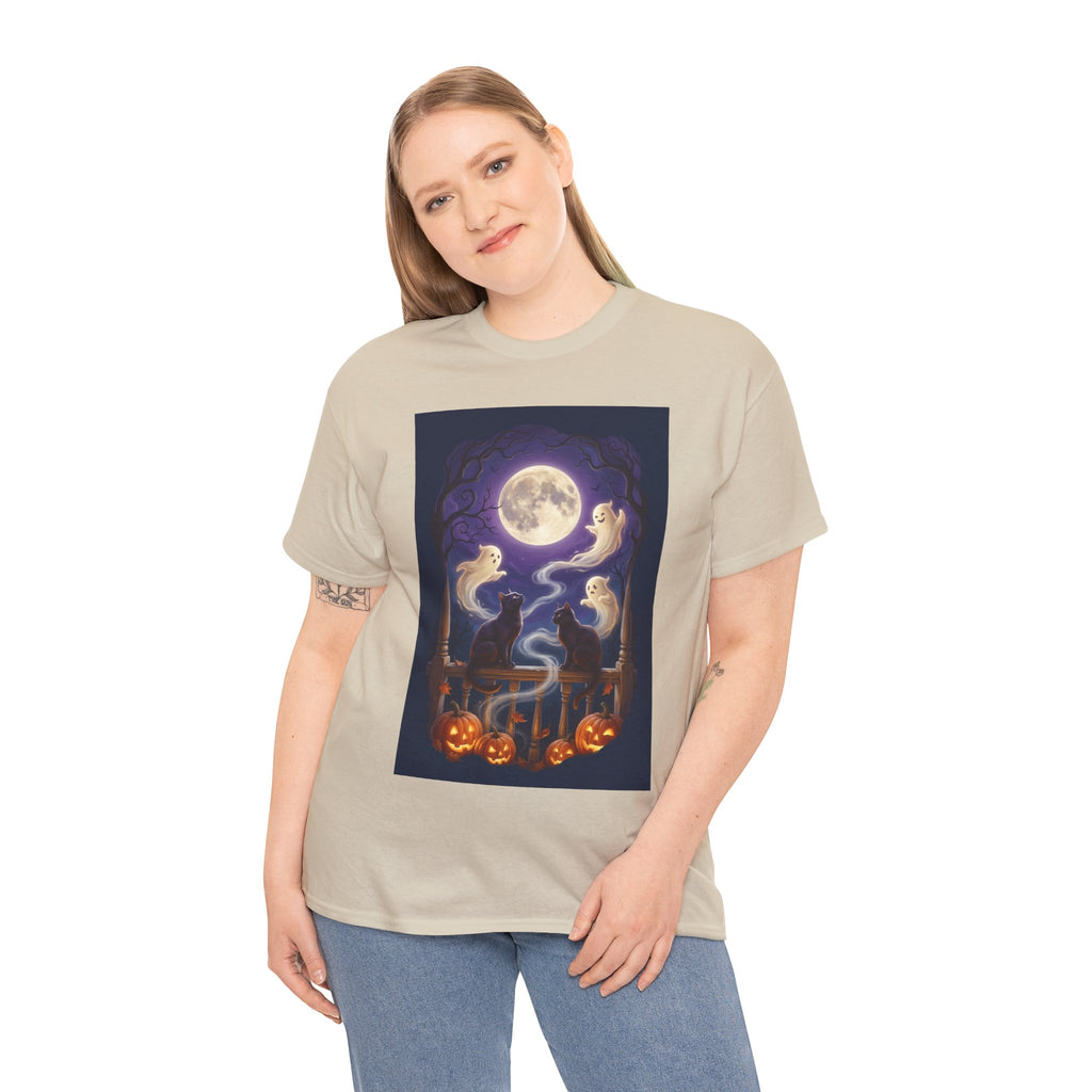 Ghost & Black Cat Halloween T-Shirt | Moonlight Magic