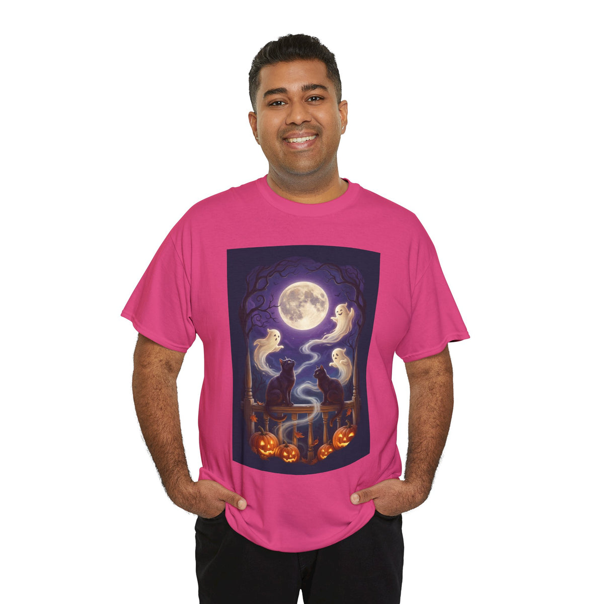 Ghost & Black Cat Halloween T-Shirt | Moonlight Magic