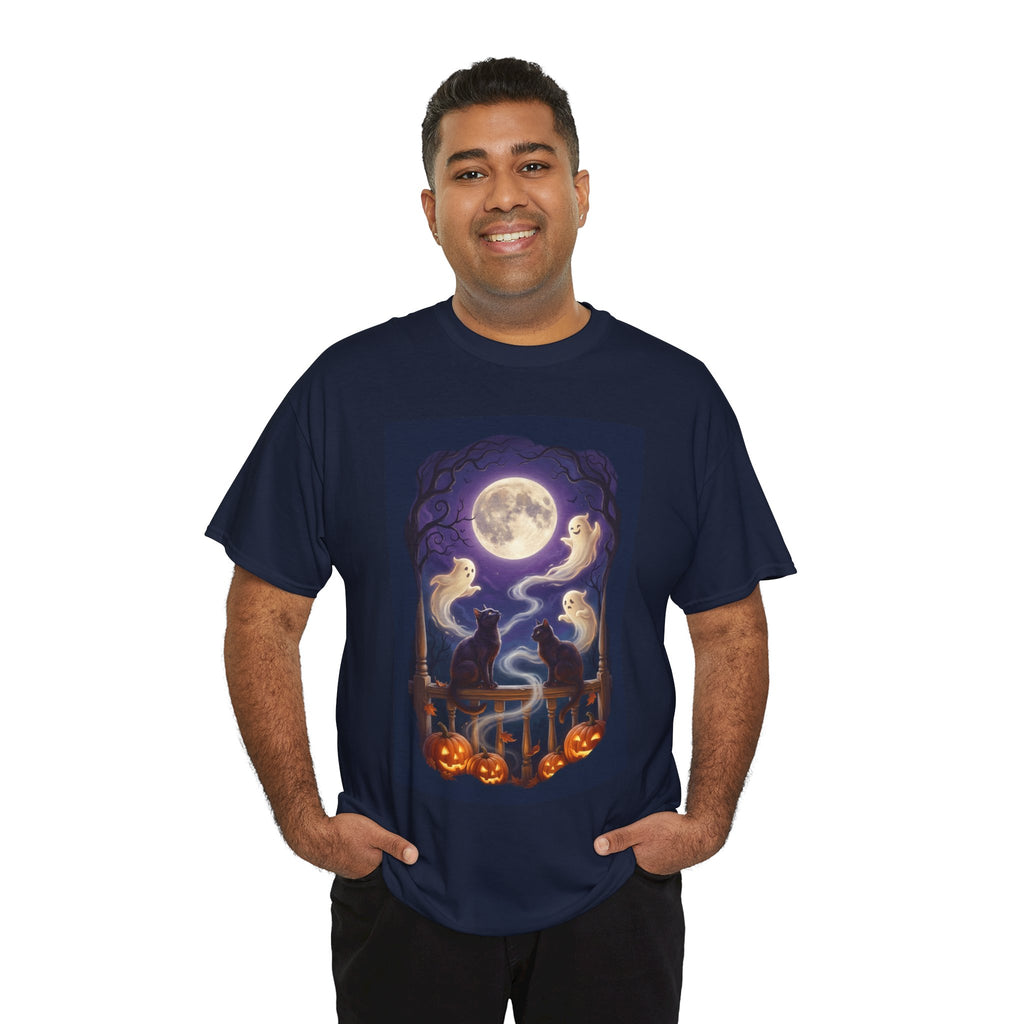 Ghost & Black Cat Halloween T-Shirt | Moonlight Magic