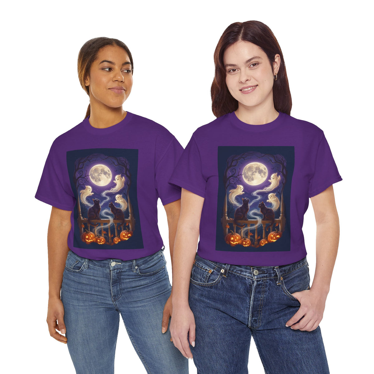Ghost & Black Cat Halloween T-Shirt | Moonlight Magic