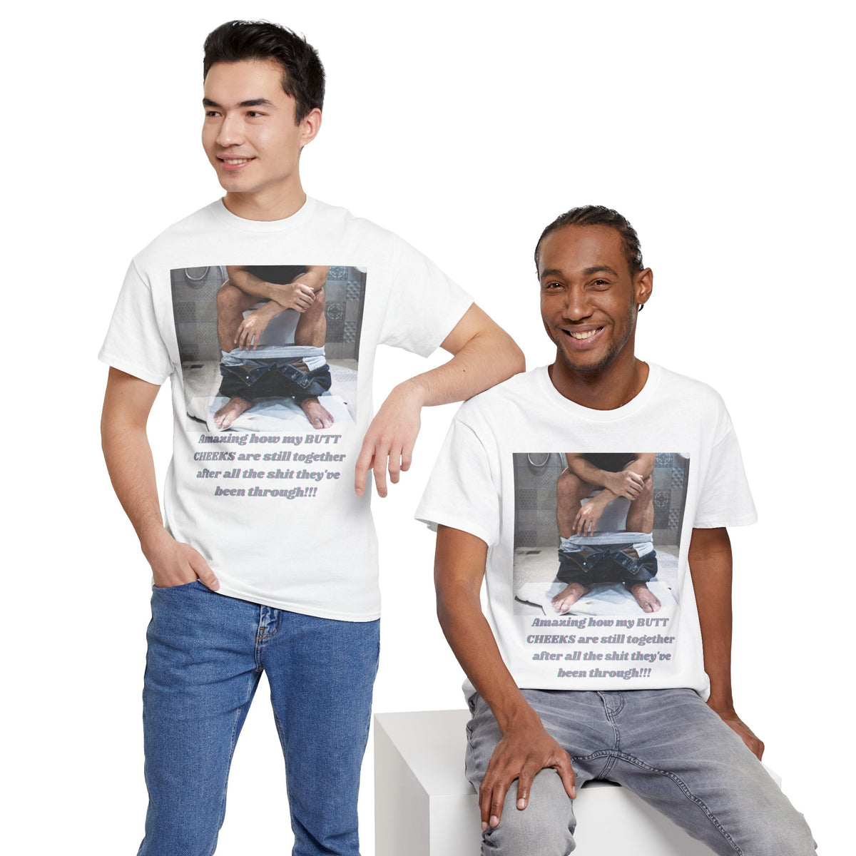 Still Together Bathroom Humor Tee – Male Design, Front Print | Intuition Within