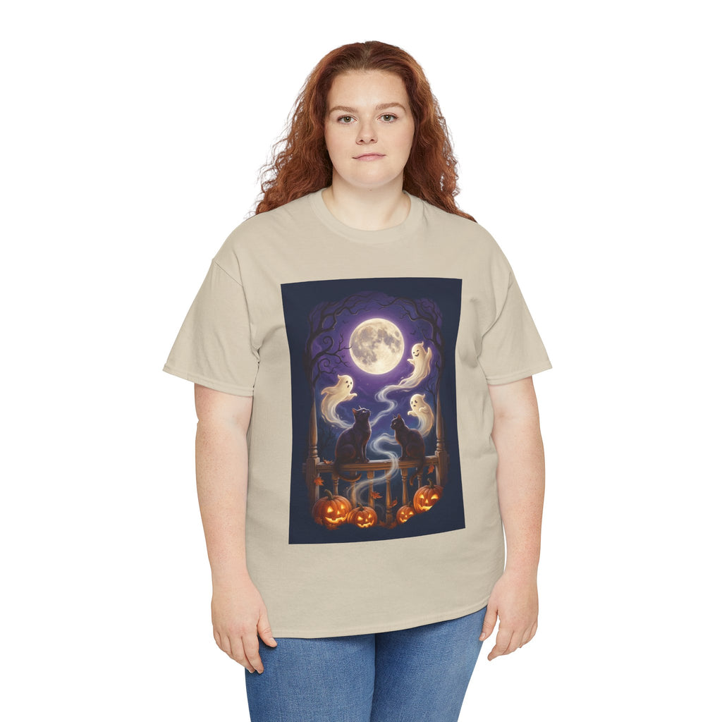 Ghost & Black Cat Halloween T-Shirt | Moonlight Magic