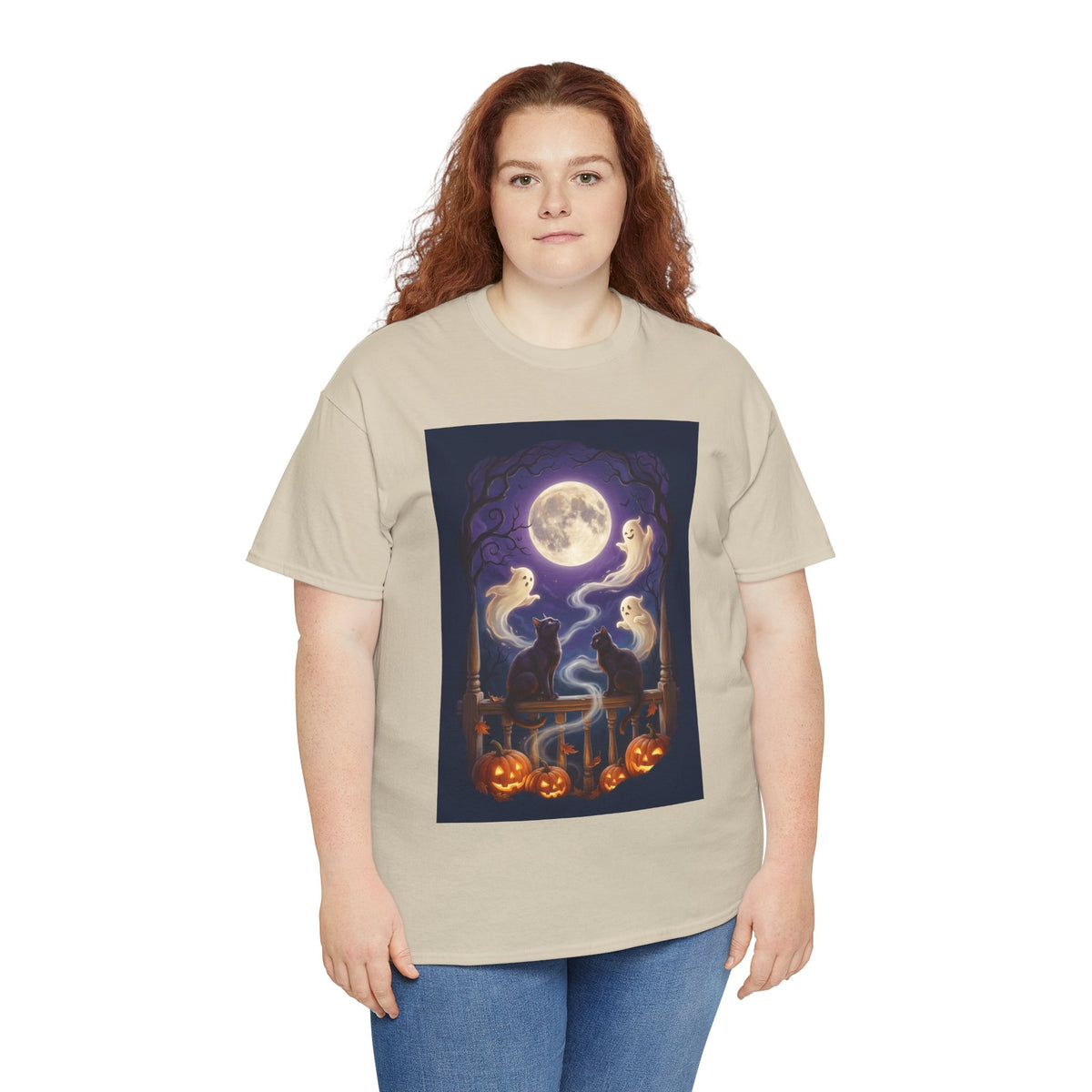 Ghost & Black Cat Halloween T-Shirt | Moonlight Magic