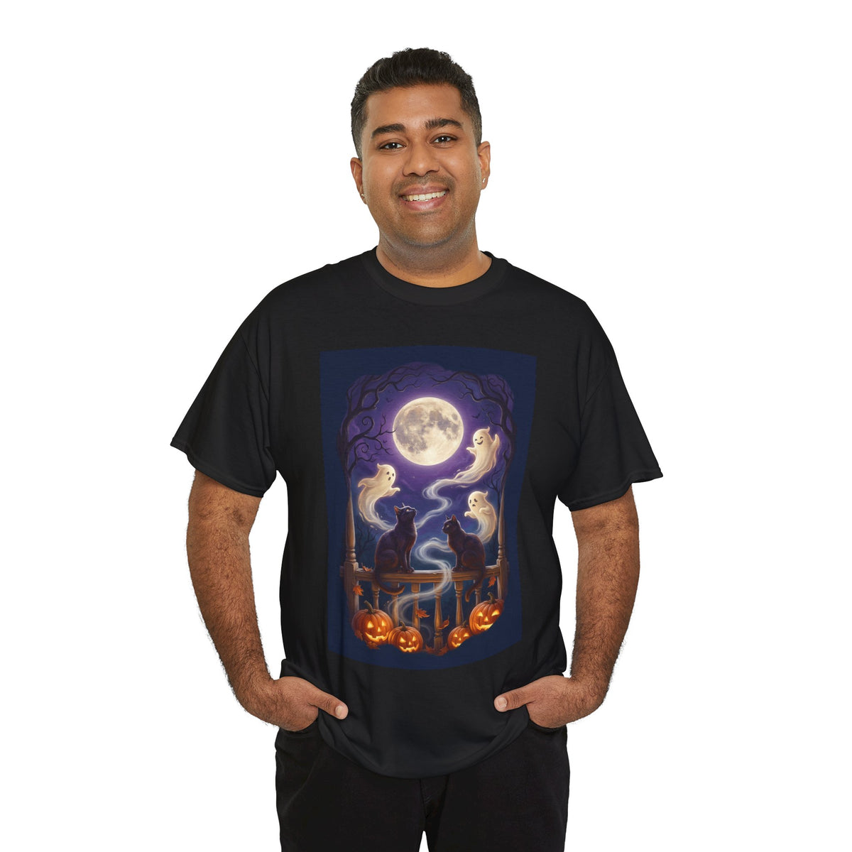 Ghost & Black Cat Halloween T-Shirt | Moonlight Magic